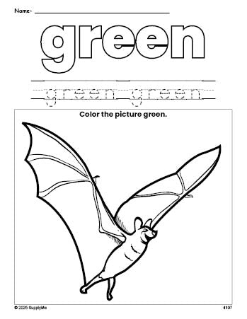 Free Halloween bat color green coloring page and color worksheet, green worksheet for preschoolers to learn colors, printable PDF