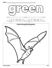 Free Halloween bat color green coloring page and color worksheet, green worksheet for preschoolers to learn colors, printable PDF