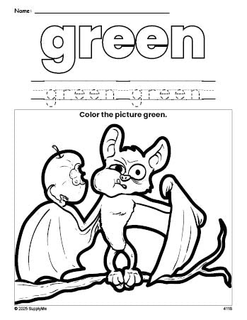 Free Halloween bat color green coloring page and color worksheet, green worksheet for preschoolers to learn colors, printable PDF