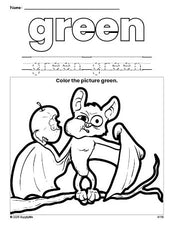 Free Halloween bat color green coloring page and color worksheet, green worksheet for preschoolers to learn colors, printable PDF