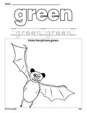 Free Halloween bat color green coloring page and color worksheet, green worksheet for preschoolers to learn colors, printable PDF