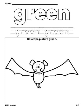 Free Halloween bat color green coloring page and color worksheet, green worksheet for preschoolers to learn colors, printable PDF