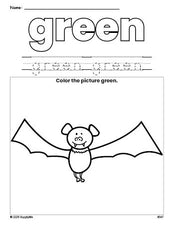 Free Halloween bat color green coloring page and color worksheet, green worksheet for preschoolers to learn colors, printable PDF