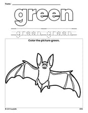 Free Halloween bat color green coloring page and color worksheet, green worksheet for preschoolers to learn colors, printable PDF