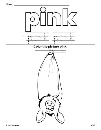 Free Halloween bat color pink coloring page and color worksheet, pink worksheet for preschoolers to learn colors, printable PDF