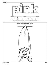 Free Halloween bat color pink coloring page and color worksheet, pink worksheet for preschoolers to learn colors, printable PDF