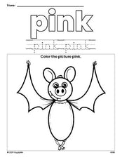 Free Halloween bat color pink coloring page and color worksheet, pink worksheet for preschoolers to learn colors, printable PDF