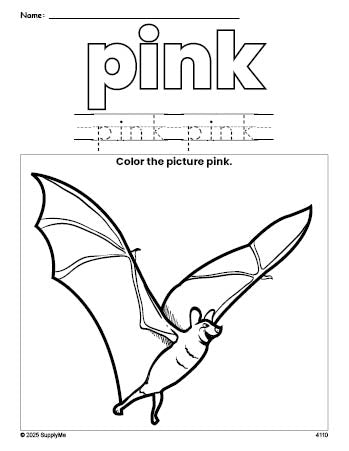 Free Halloween bat color pink coloring page and color worksheet, pink worksheet for preschoolers to learn colors, printable PDF