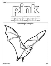 Free Halloween bat color pink coloring page and color worksheet, pink worksheet for preschoolers to learn colors, printable PDF