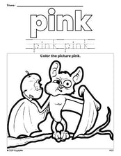 Free Halloween bat color pink coloring page and color worksheet, pink worksheet for preschoolers to learn colors, printable PDF