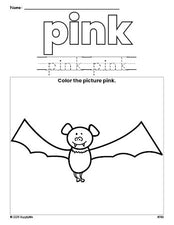 Free Halloween bat color pink coloring page and color worksheet, pink worksheet for preschoolers to learn colors, printable PDF