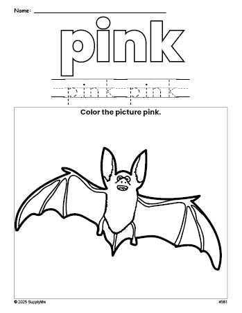 Free Halloween bat color pink coloring page and color worksheet, pink worksheet for preschoolers to learn colors, printable PDF