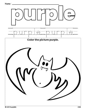 Free Halloween bat color purple coloring page and color worksheet, purple worksheet for preschoolers to learn colors, printable PDF