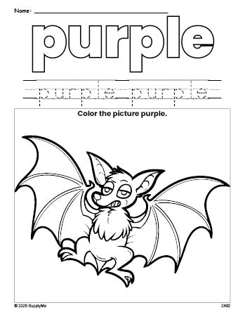 Free Halloween bat color purple coloring page and color worksheet, purple worksheet for preschoolers to learn colors, printable PDF