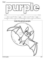 Free Halloween bat color purple coloring page and color worksheet, purple worksheet for preschoolers to learn colors, printable PDF