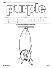 Free Halloween bat color purple coloring page and color worksheet, purple worksheet for preschoolers to learn colors, printable PDF