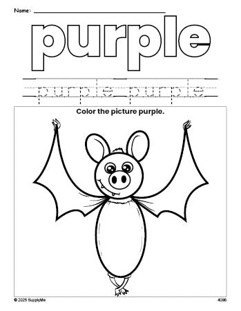 Free Halloween bat color purple coloring page and color worksheet, purple worksheet for preschoolers to learn colors, printable PDF