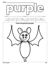 Free Halloween bat color purple coloring page and color worksheet, purple worksheet for preschoolers to learn colors, printable PDF