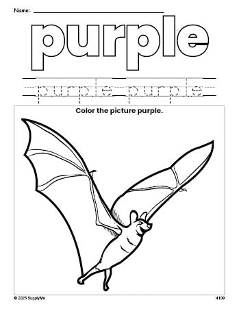 Free Halloween bat color purple coloring page and color worksheet, purple worksheet for preschoolers to learn colors, printable PDF