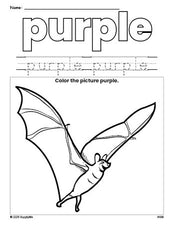 Free Halloween bat color purple coloring page and color worksheet, purple worksheet for preschoolers to learn colors, printable PDF