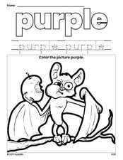 Free Halloween bat color purple coloring page and color worksheet, purple worksheet for preschoolers to learn colors, printable PDF