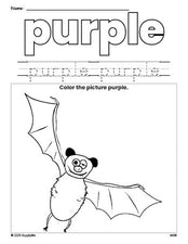 Free Halloween bat color purple coloring page and color worksheet, purple worksheet for preschoolers to learn colors, printable PDF