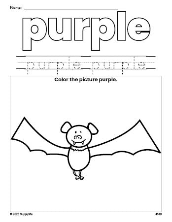 Free Halloween bat color purple coloring page and color worksheet, purple worksheet for preschoolers to learn colors, printable PDF