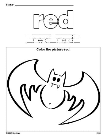 Free Halloween bat color red coloring page and color worksheet, red worksheet for preschoolers to learn colors, printable PDF