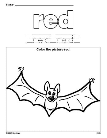 Free Halloween bat color red coloring page and color worksheet, red worksheet for preschoolers to learn colors, printable PDF