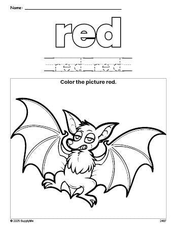 Free Halloween bat color red coloring page and color worksheet, red worksheet for preschoolers to learn colors, printable PDF