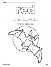 Free Halloween bat color red coloring page and color worksheet, red worksheet for preschoolers to learn colors, printable PDF