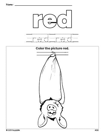 Free Halloween bat color red coloring page and color worksheet, red worksheet for preschoolers to learn colors, printable PDF