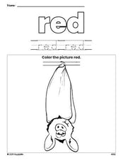 Free Halloween bat color red coloring page and color worksheet, red worksheet for preschoolers to learn colors, printable PDF