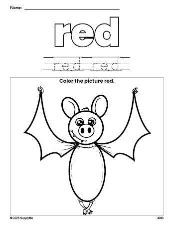 Free Halloween bat color red coloring page and color worksheet, red worksheet for preschoolers to learn colors, printable PDF