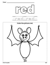 Free Halloween bat color red coloring page and color worksheet, red worksheet for preschoolers to learn colors, printable PDF