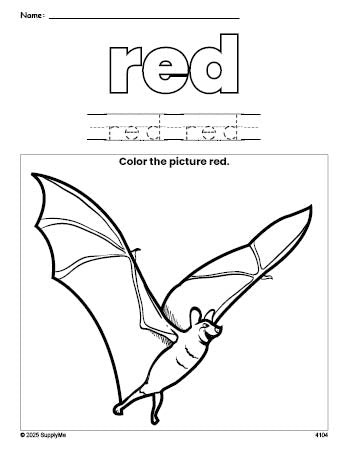 Free Halloween bat color red coloring page and color worksheet, red worksheet for preschoolers to learn colors, printable PDF