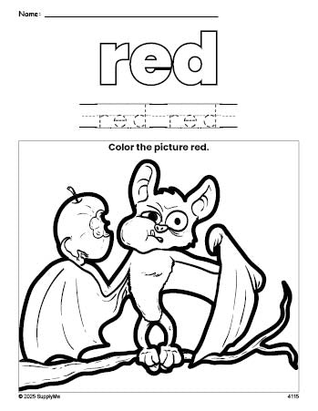 Free Halloween bat color red coloring page and color worksheet, red worksheet for preschoolers to learn colors, printable PDF