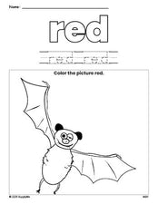 Free Halloween bat color red coloring page and color worksheet, red worksheet for preschoolers to learn colors, printable PDF