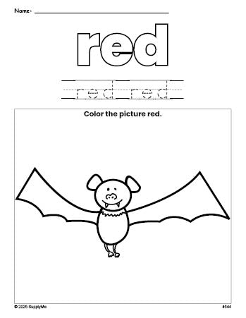 Free Halloween bat color red coloring page and color worksheet, red worksheet for preschoolers to learn colors, printable PDF