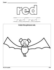 Free Halloween bat color red coloring page and color worksheet, red worksheet for preschoolers to learn colors, printable PDF