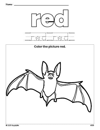 Free Halloween bat color red coloring page and color worksheet, red worksheet for preschoolers to learn colors, printable PDF