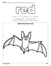 Free Halloween bat color red coloring page and color worksheet, red worksheet for preschoolers to learn colors, printable PDF