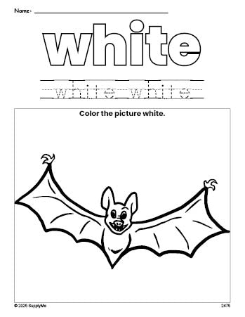 Free Halloween bat color white coloring page and color worksheet, white worksheet for preschoolers to learn colors, printable PDF