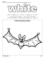 Free Halloween bat color white coloring page and color worksheet, white worksheet for preschoolers to learn colors, printable PDF