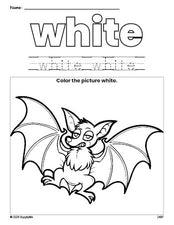 Free Halloween bat color white coloring page and color worksheet, white worksheet for preschoolers to learn colors, printable PDF