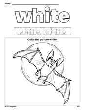 Free Halloween bat color white coloring page and color worksheet, white worksheet for preschoolers to learn colors, printable PDF