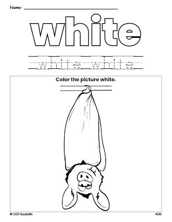 Free Halloween bat color white coloring page and color worksheet, white worksheet for preschoolers to learn colors, printable PDF