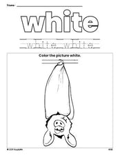 Free Halloween bat color white coloring page and color worksheet, white worksheet for preschoolers to learn colors, printable PDF