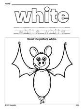 Free Halloween bat color white coloring page and color worksheet, white worksheet for preschoolers to learn colors, printable PDF