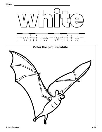 Free Halloween bat color white coloring page and color worksheet, white worksheet for preschoolers to learn colors, printable PDF